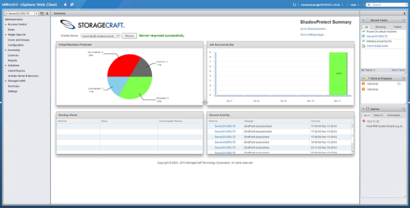 StorageCraft Plug in for VMware vSphere dashboard